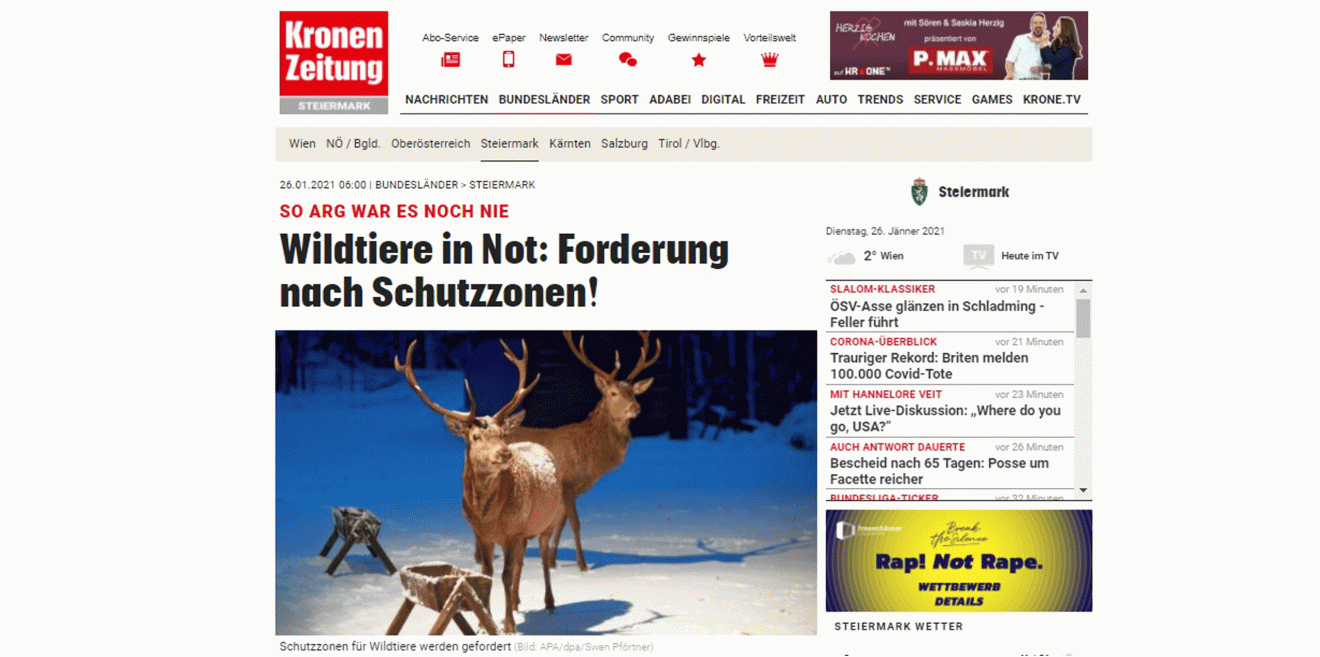 Bericht in Krone.at - Wildtiere in Not: Forderung nach Schutzzonen!