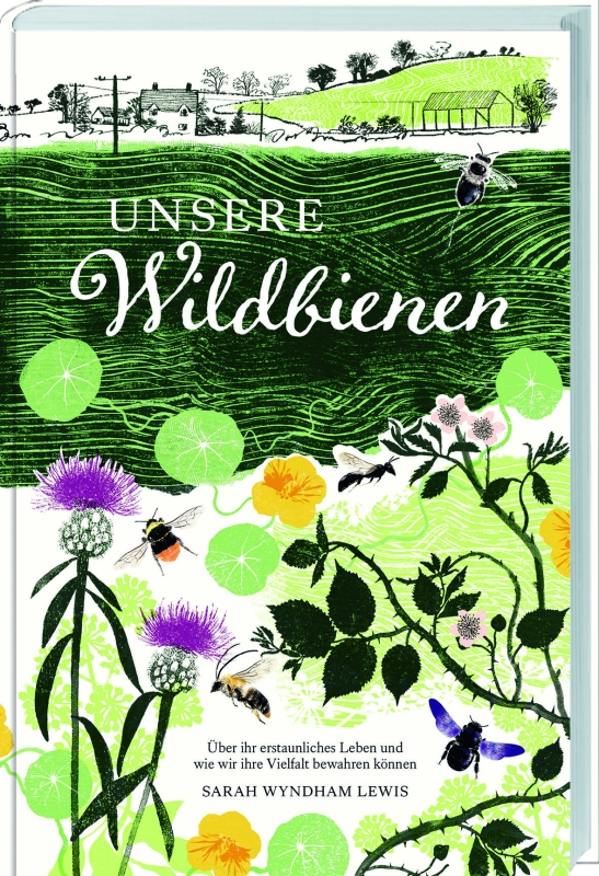 Ein bunter gemalter Buchtitel, Text: Unsere Wildbienen