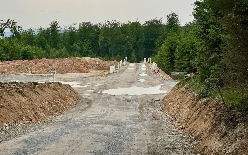 Umstanden von hohen Bäumen, zieht sich eine breite Schottertrasse hin zu einer Großbaustelle
