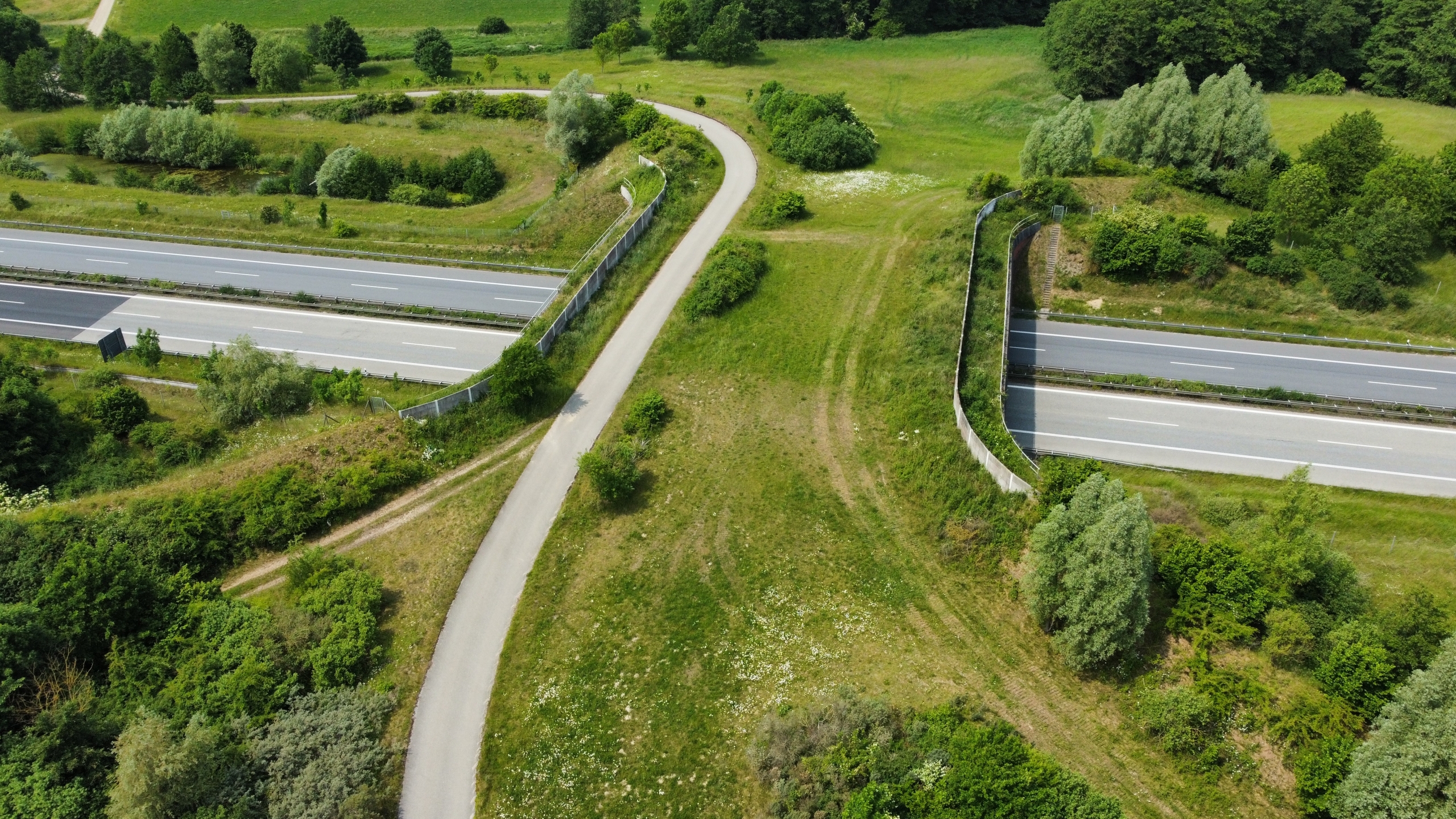 Luftbild einer Grünbrücke über eine Autobahn