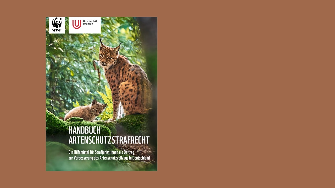 Vor braunem Hintergrund ein Buchtitel mit zwei Luchsen im Wald, Titel: Handbuch Artenschutzstrafrecht