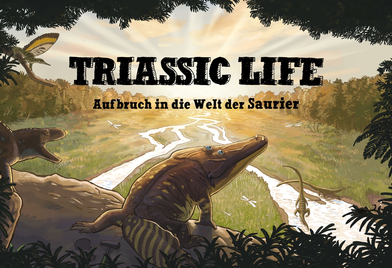Gemaltes Bild eines Sauriers vor einer Flusslandschaft mit dem Titel "Triassic Life"