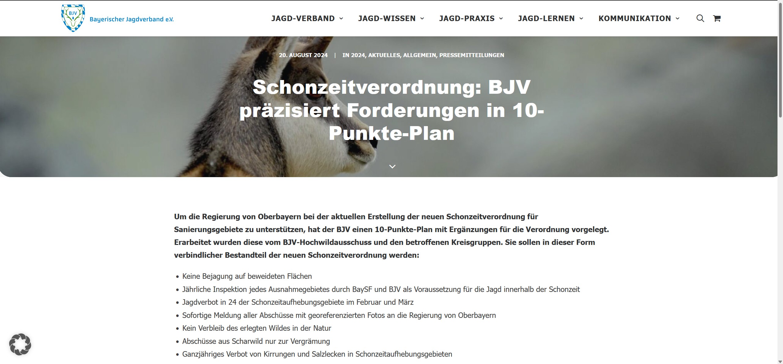 Screenshot einer Pressemitteilung zur Schonzeitverordnung