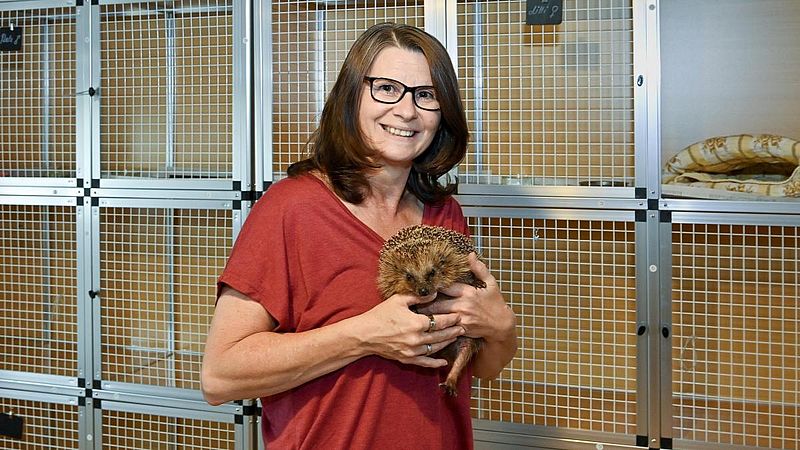 Eine Frau im roten T-Shirt steht lächelnd vor Gitterkäfigen, auf dem Arm hält sie einen Igel. 