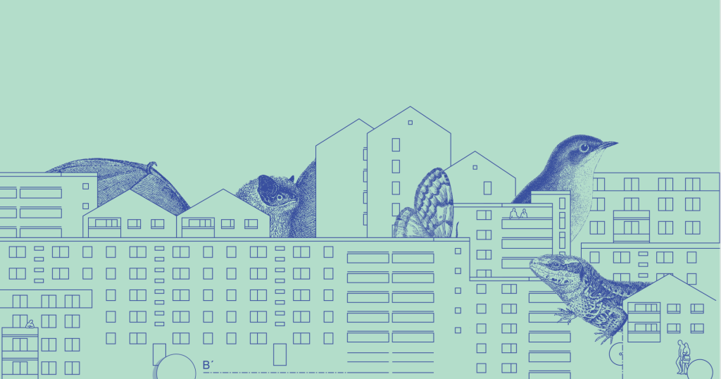 Vor grünem Hintergrund eine grafische Darstellung von Häusern, zwischen denen überdimensionierte Tiere hervorschauen