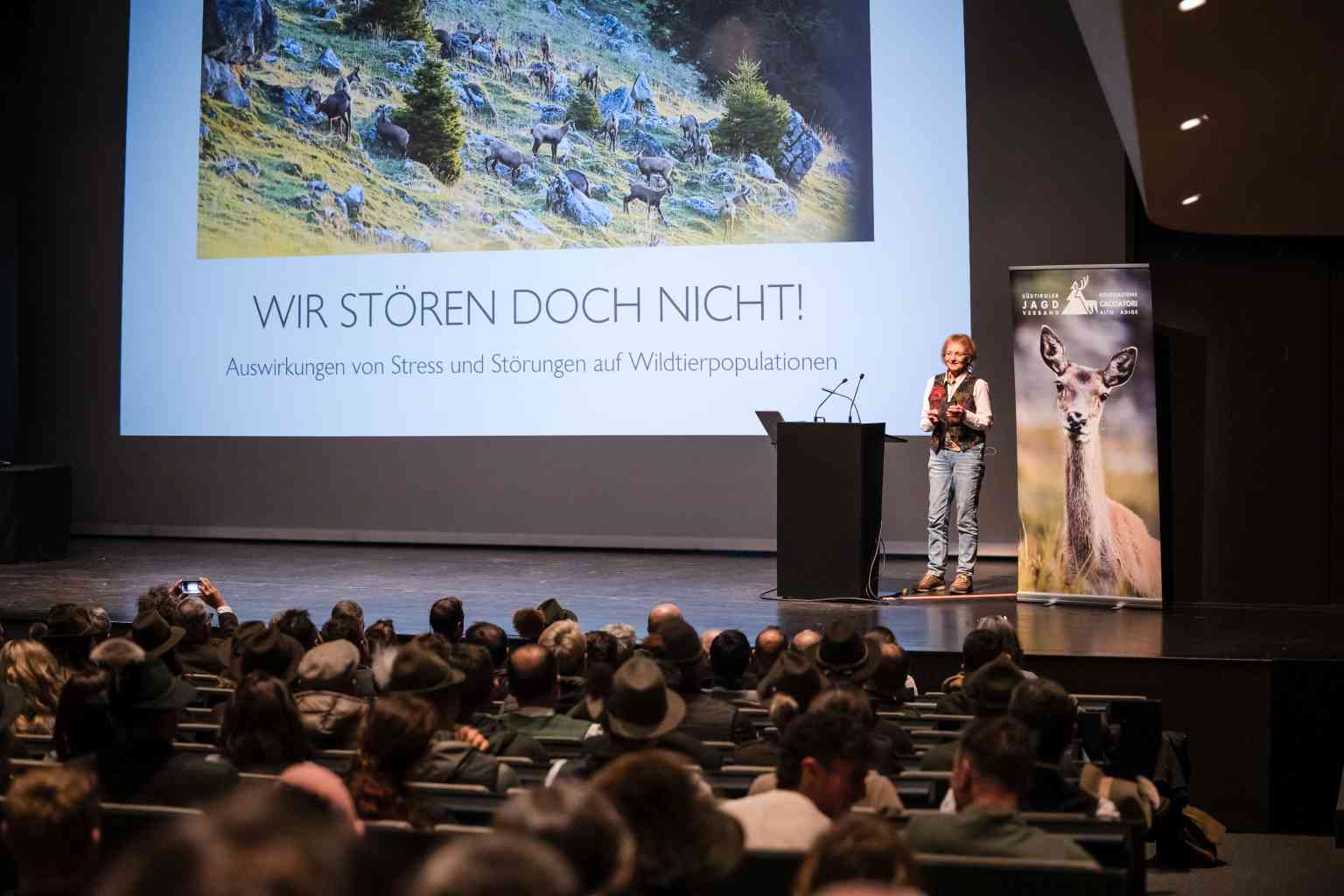 Vor einem vollbesetzten Saal referiert eine Frau am Rednerpult; auf der Leinwand hinter ihr steht: Wir stören doch nicht!