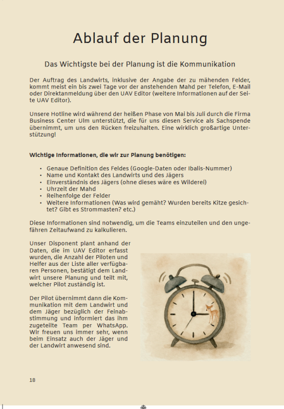 Eine beigefarbene Buchseite mit dem Titel "Ablauf der Planung", viel Text und dem gemalten Bild eines Weckers unten rechts