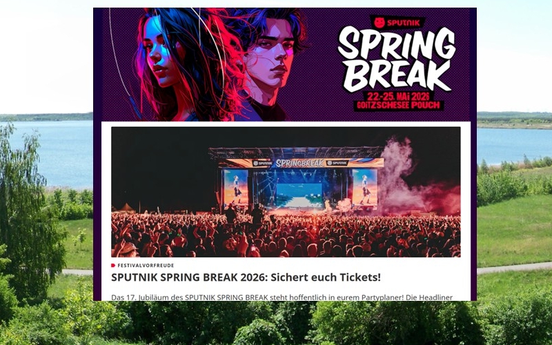 Vor einer idyllischen Seelandschaft mit grünem Ufer prangt der Screenshot einer Internet seite für ein Spring Break Festival