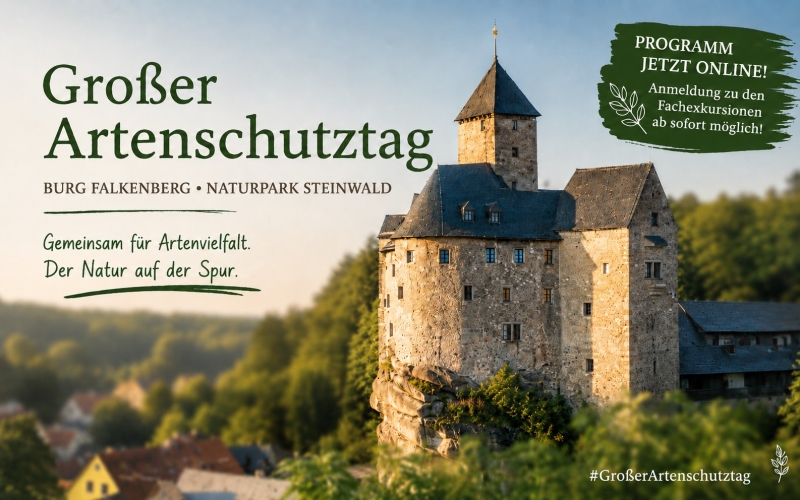 Foto einer Burg, auf dem Text mit einer Ankündigung des Großen Artenschutztags steht.