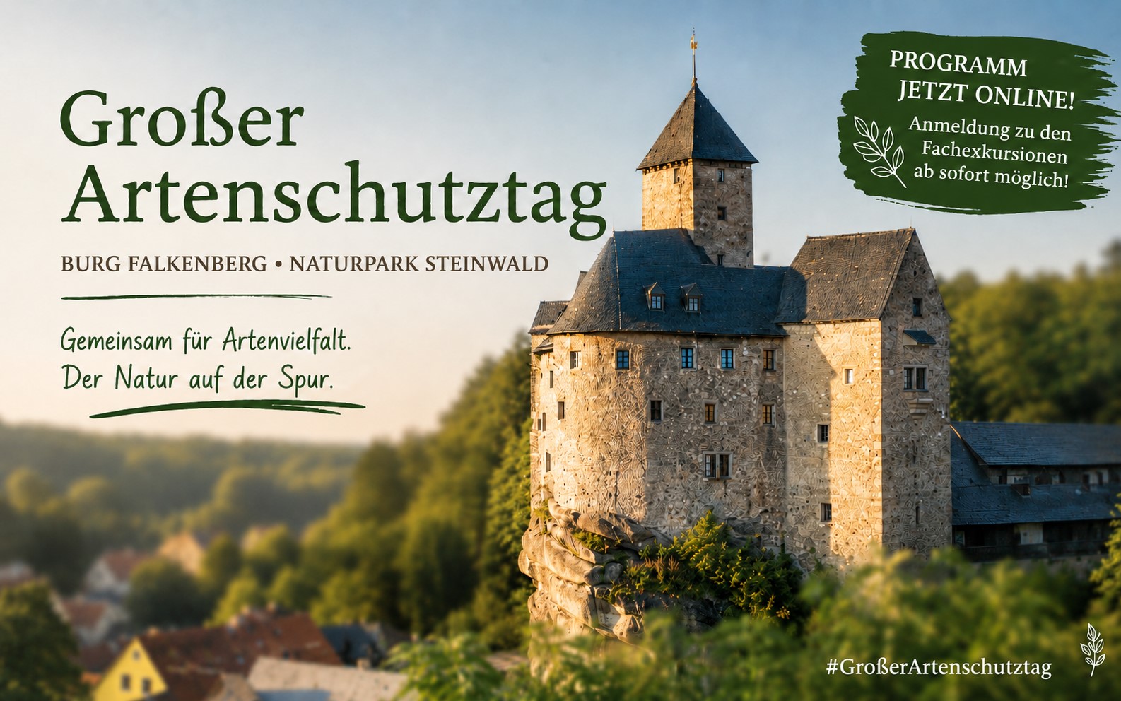 Foto einer Burg, auf dem Text mit einer Ankündigung des Großen Artenschutztags steht.