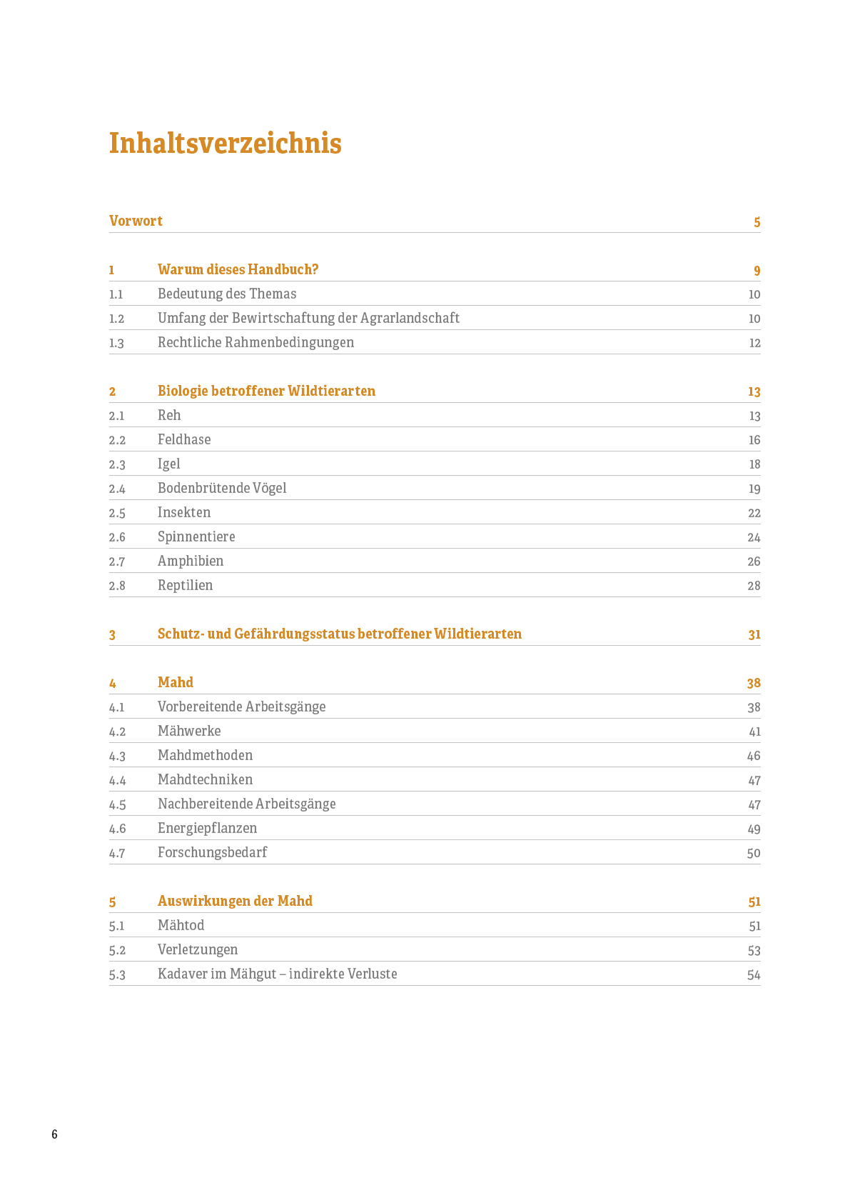 Seite mit einem Inhaltsverzeichnis, Text in Schwarz mit Überschriften in Orange