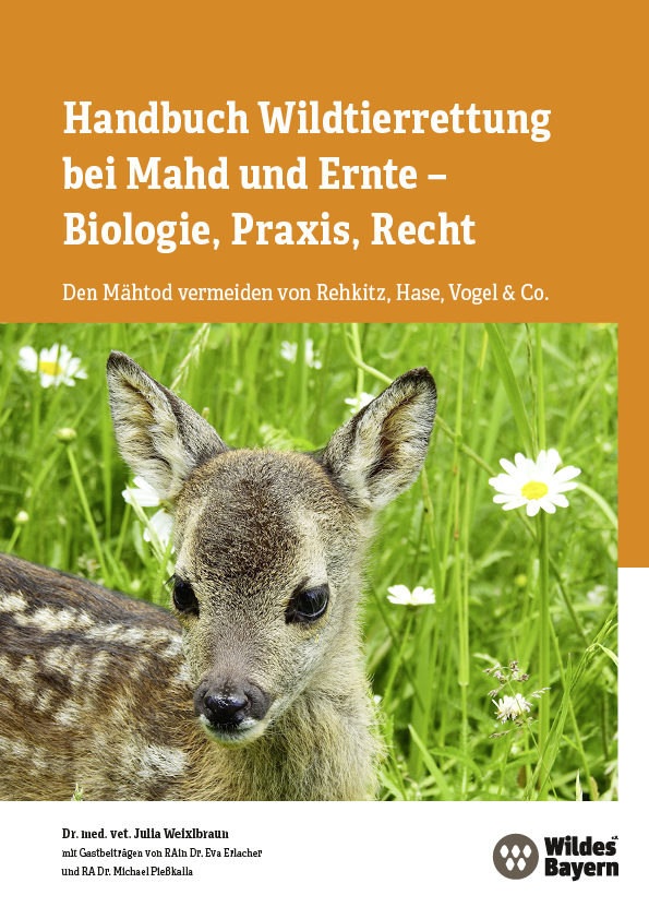 Buchtitel in Orange mit einem großen Porträt eines Rehkitzes und dem Text: Handbuch Wildtierrettung bei Mahd und Ernte - Biologie, Praxis, Recht"