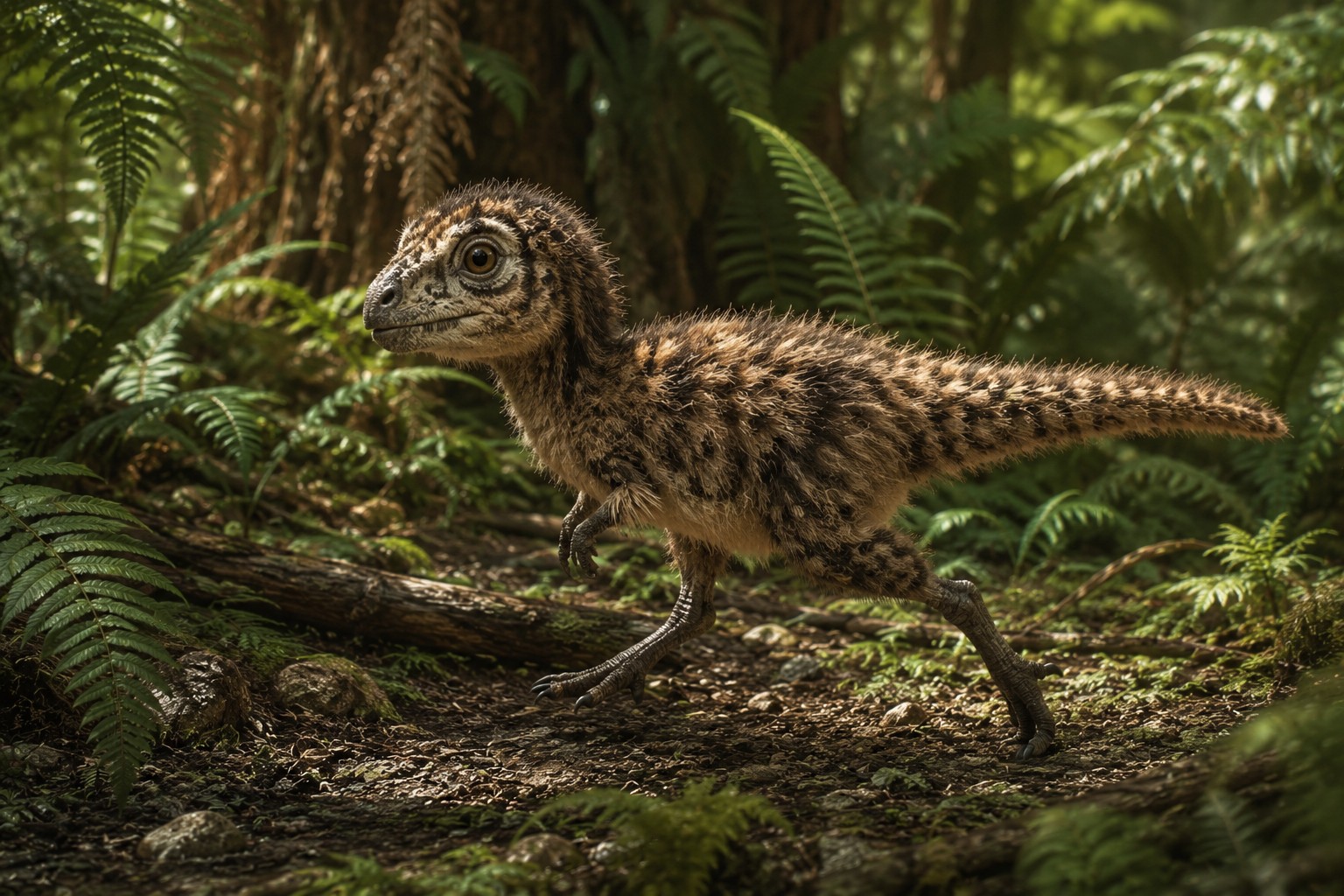 Ein künstlich erzeugtes Bild eines fusseligen kleinen Dinosauriers auf zwei Beinen
