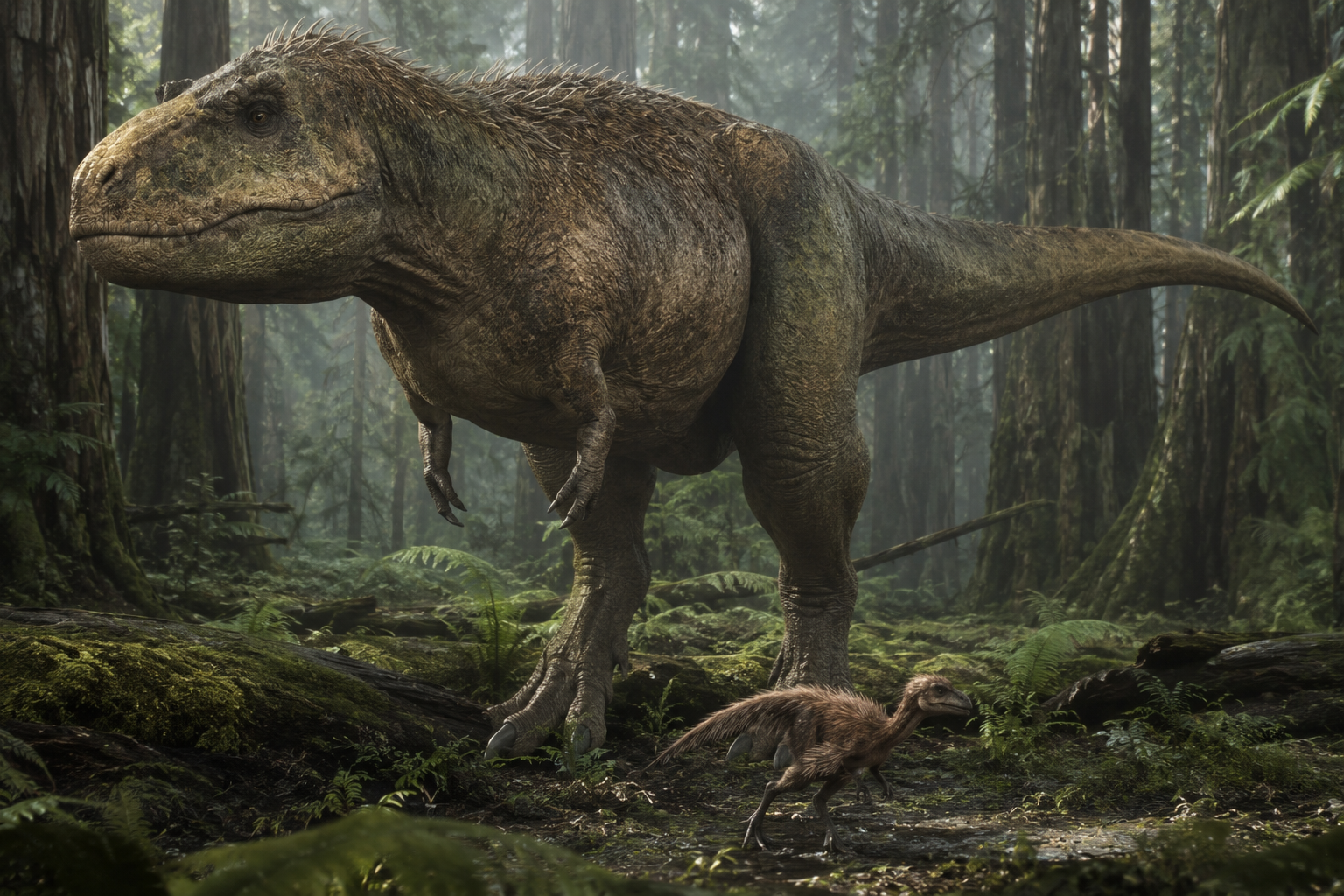 Ein künstlich erzeugtes Bild zeigt einen großen, unförmigen Dinosaurier in einem Wald und zu seinen Füßen ein sehr kleines Jungtier