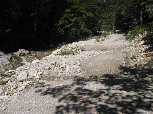 Ein Schotterweg im Bergwald wurde von starkem Regen unterspült und zerstört