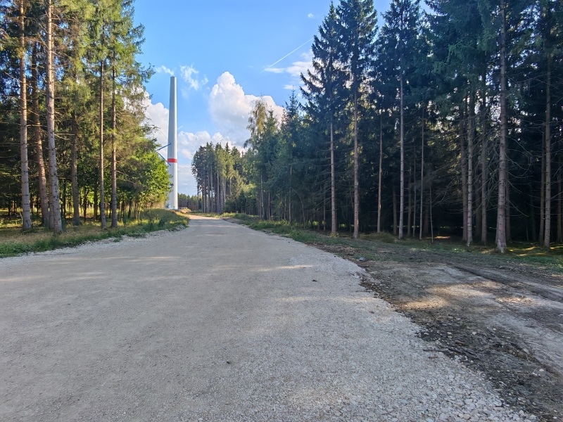 Eine breite geschotterte Straße führt durch einen Wald auf ein halb aufgebautes Windrad zu