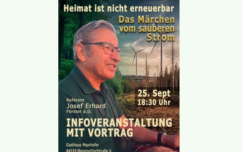 Ankündigungsplakat für eine Infoveranstaltung, auf der das Porträt eines grauhaarigen Mannes mit Brille vor dem Hintergrund eines entwaldeten Bergrückens mit Windrädern zu sehen ist