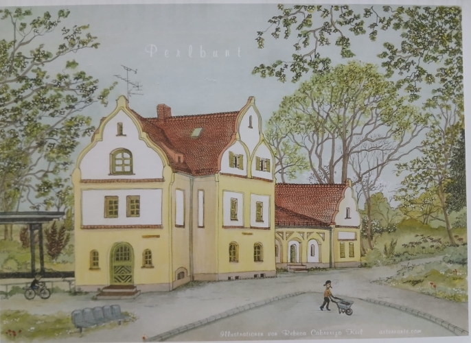 Zeichnung eines alten bayerischen Bahnhofsgebäudes