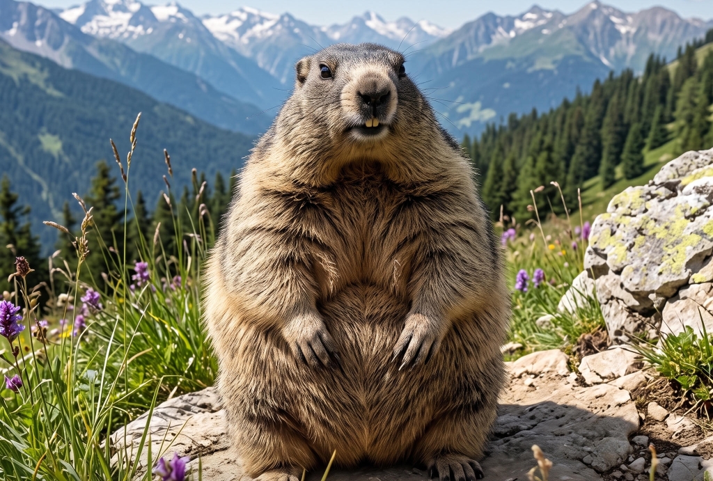 KI-Bild eines superfetten Murmeltiers vor einer Bergkulisse