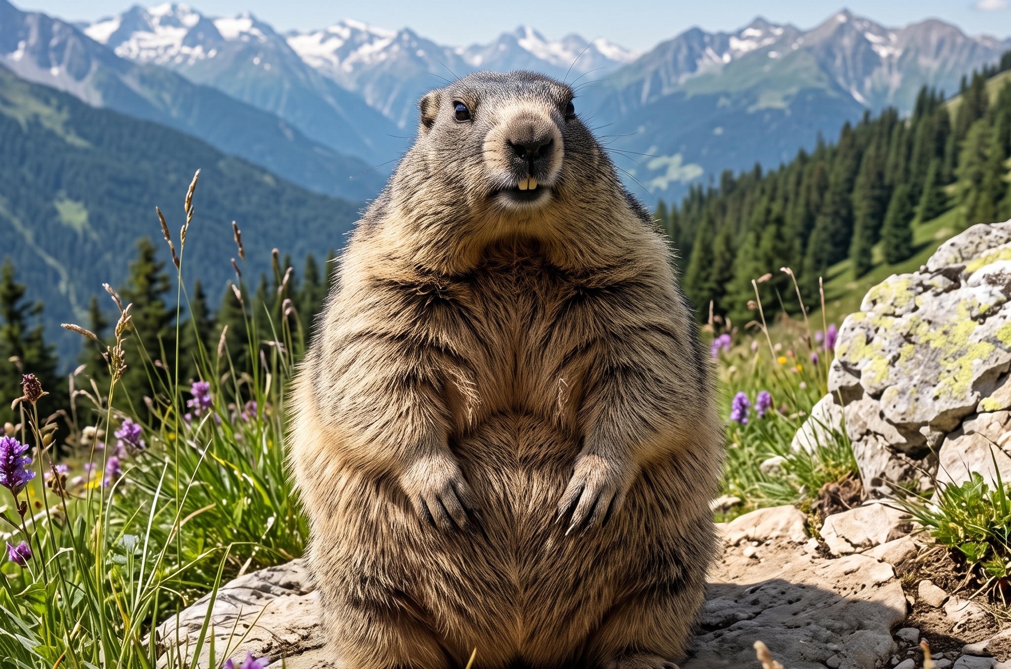 KI-Bild eines superfetten Murmeltiers vor einer Bergkulisse