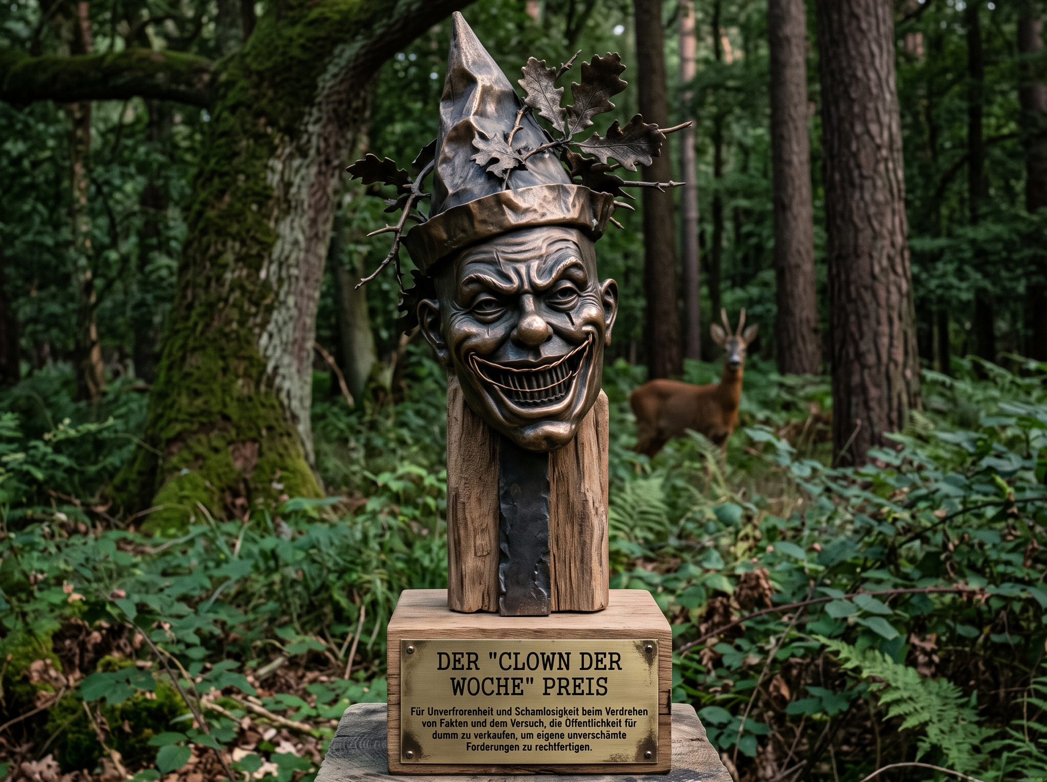 In einem Wald steht im Vordergrund eine Statue mit einer Clownsmaske
